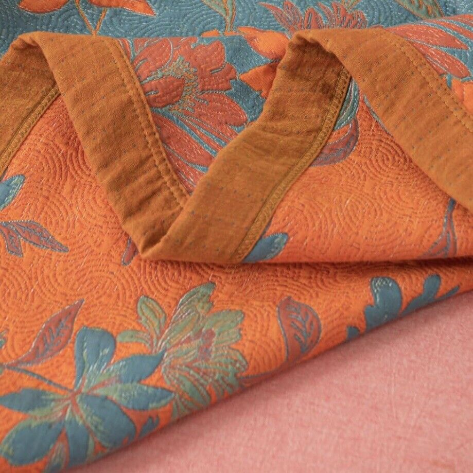 NEW Anthropologie Blue Orange Reversible Queen / King Bedspread Blanket Sham Set