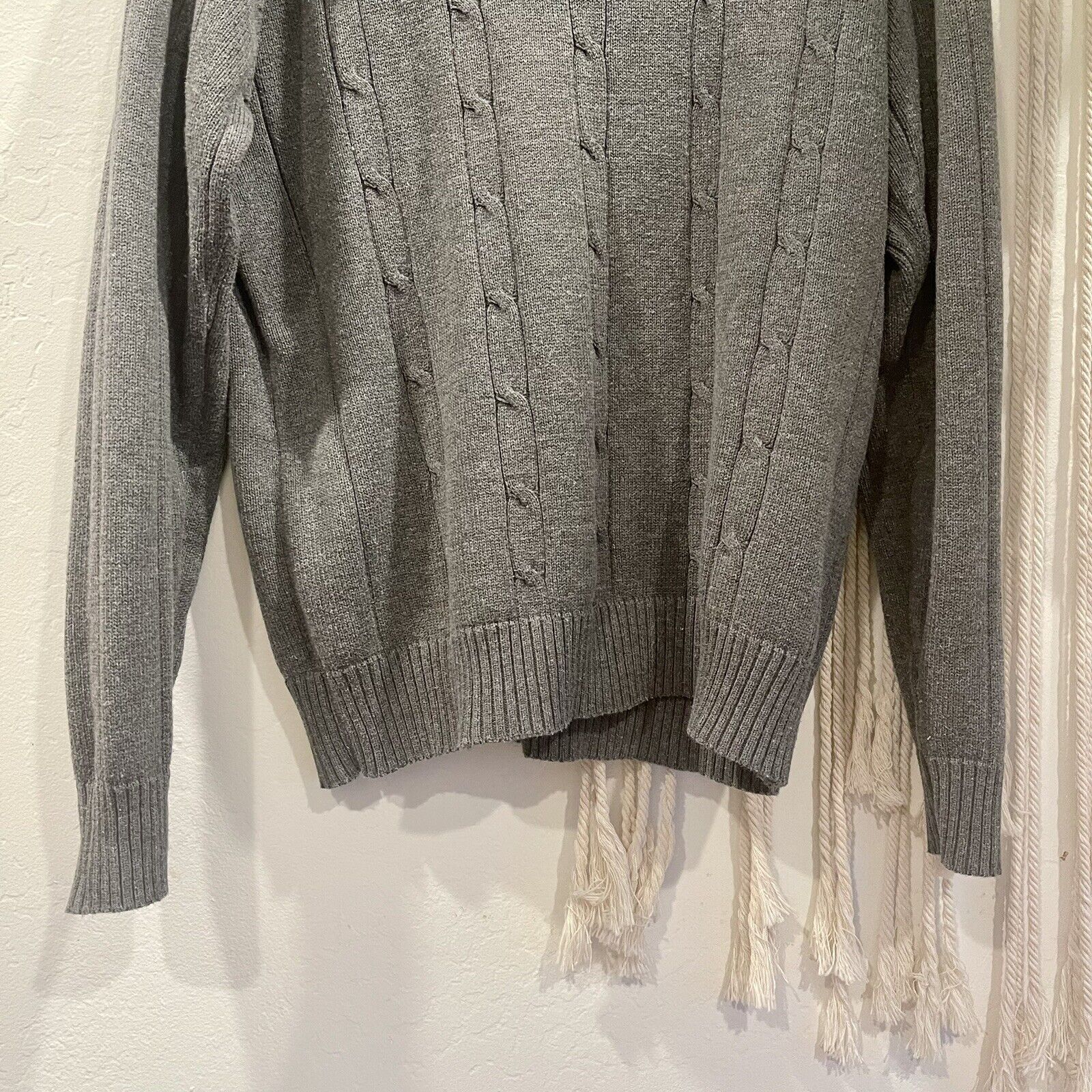 Oscar De La Renta Grey Cotton Cable Knit Sweater Shirt | Size Large