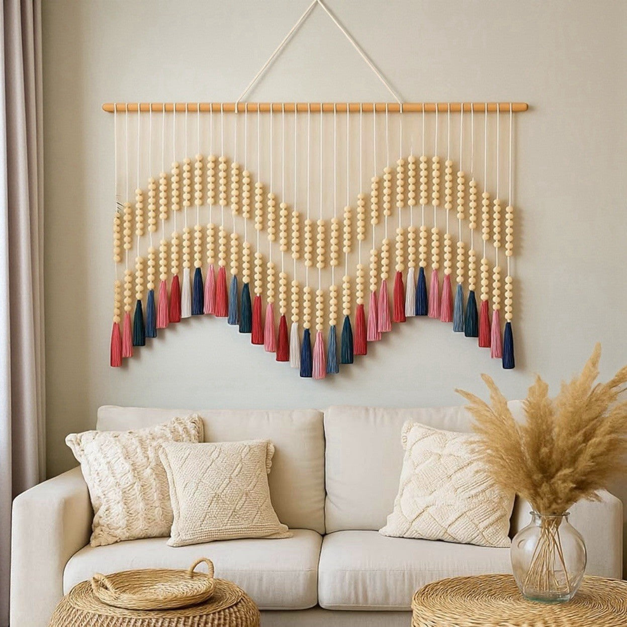 NEW Anthropologie XL  Colorful Tapestry Beaded Tassel Macrame Wall Hanging 70x35