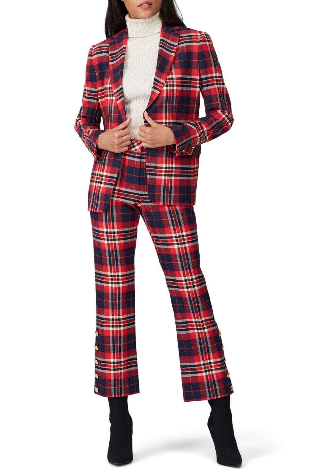 Trina Turk Red Plaid Gold Button Suit Preppy Mercury Pants Slacks Set - Size 12