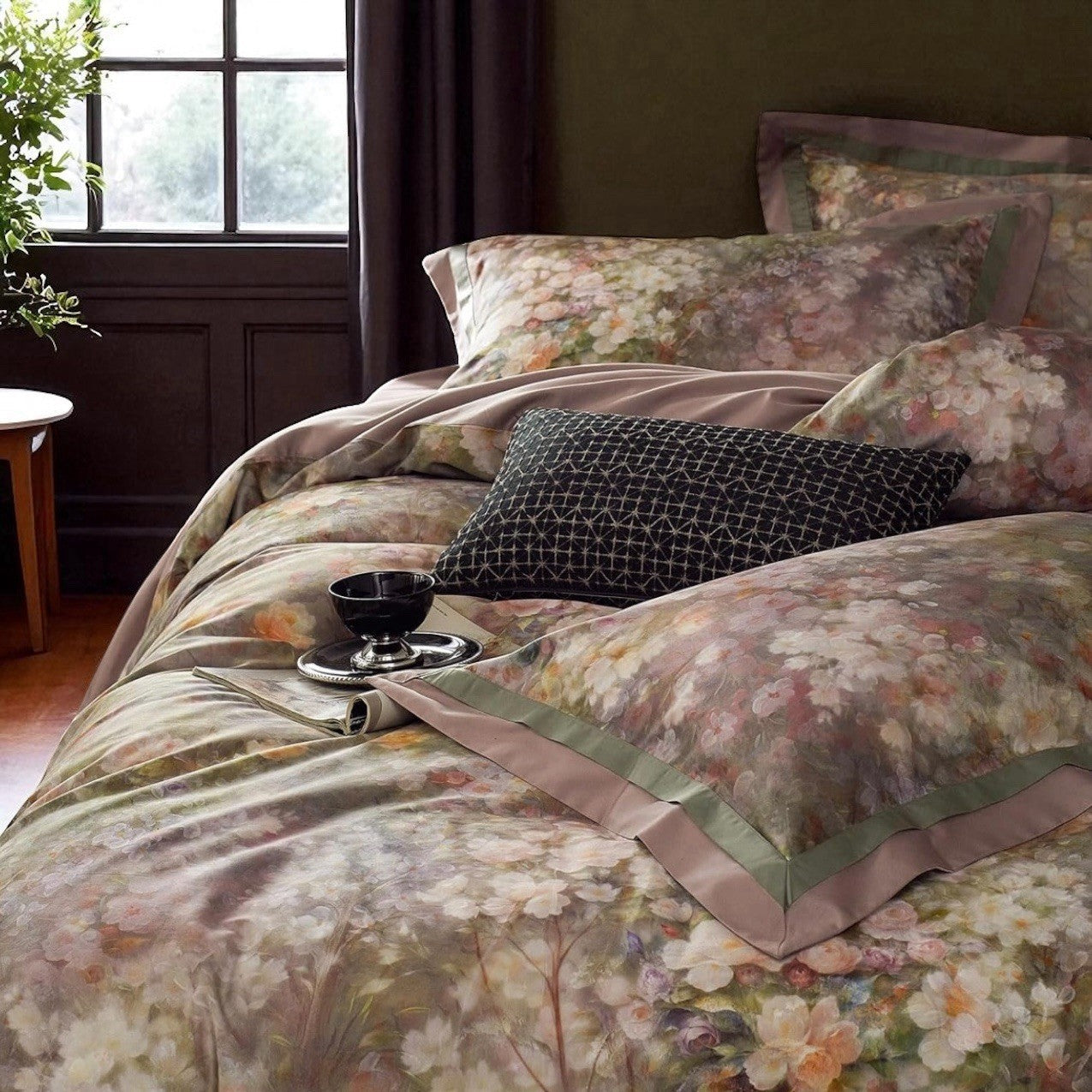 NEW Anthro Blush Pink Silk Floral Boho Cotton Queen Bedding Duvet & Sham Set