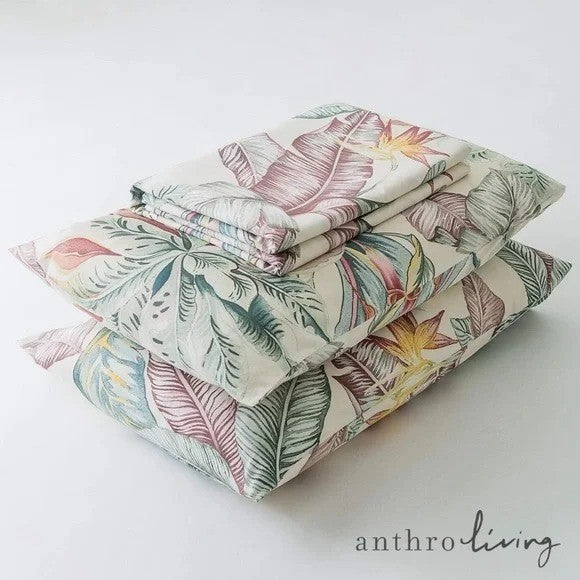 NEW Anthro White Floral Botanical Boho Cotton Queen King Bedding Duvet Sham Set