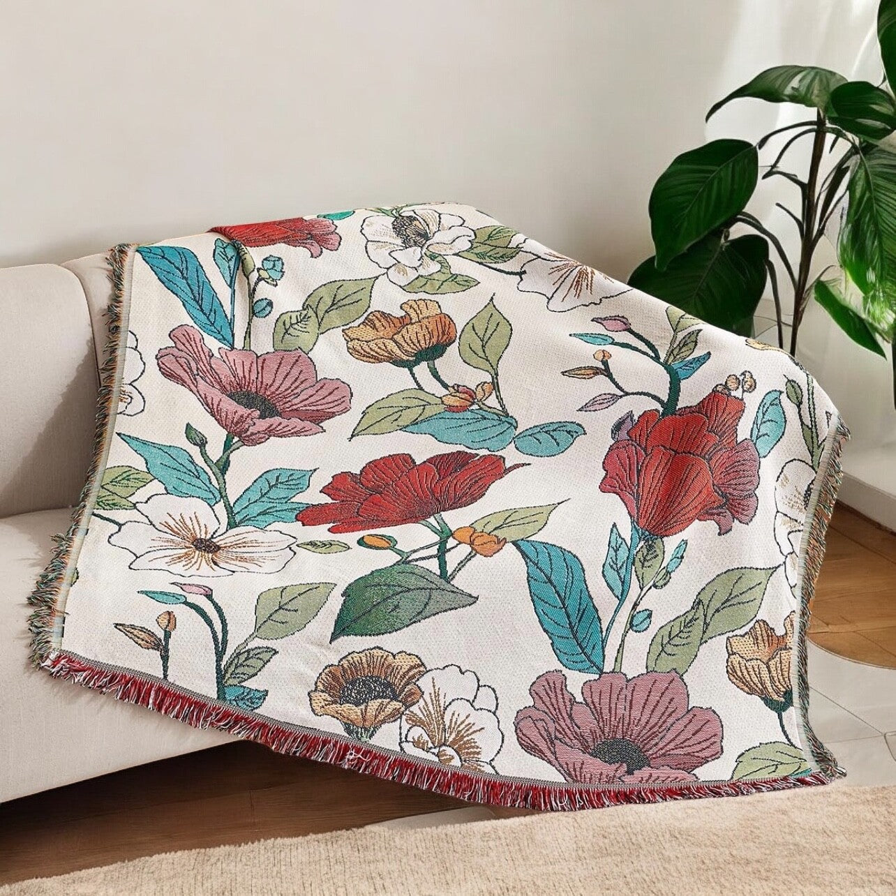 NEW Anthropologie Boho Bird Floral Tassel Throw Blanket Bedspread Quilt 50 x 70