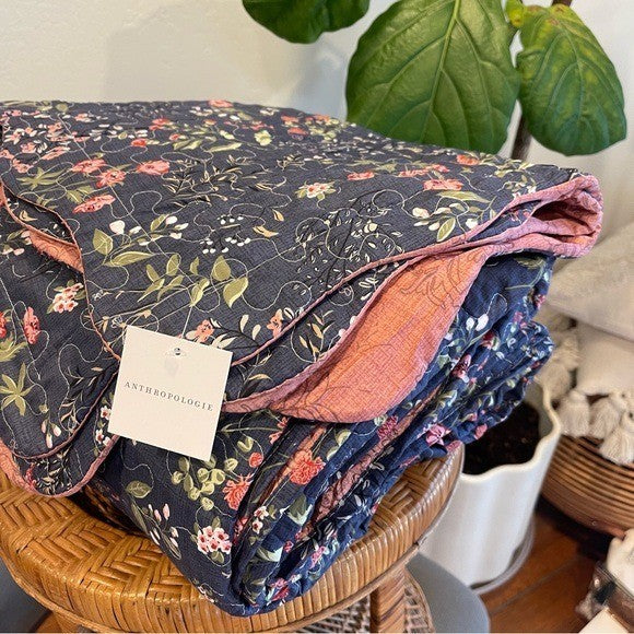 NEW Anthro Blue Floral Queen King Boho Quilt Bedding Bedspread Duvet & Sham Set