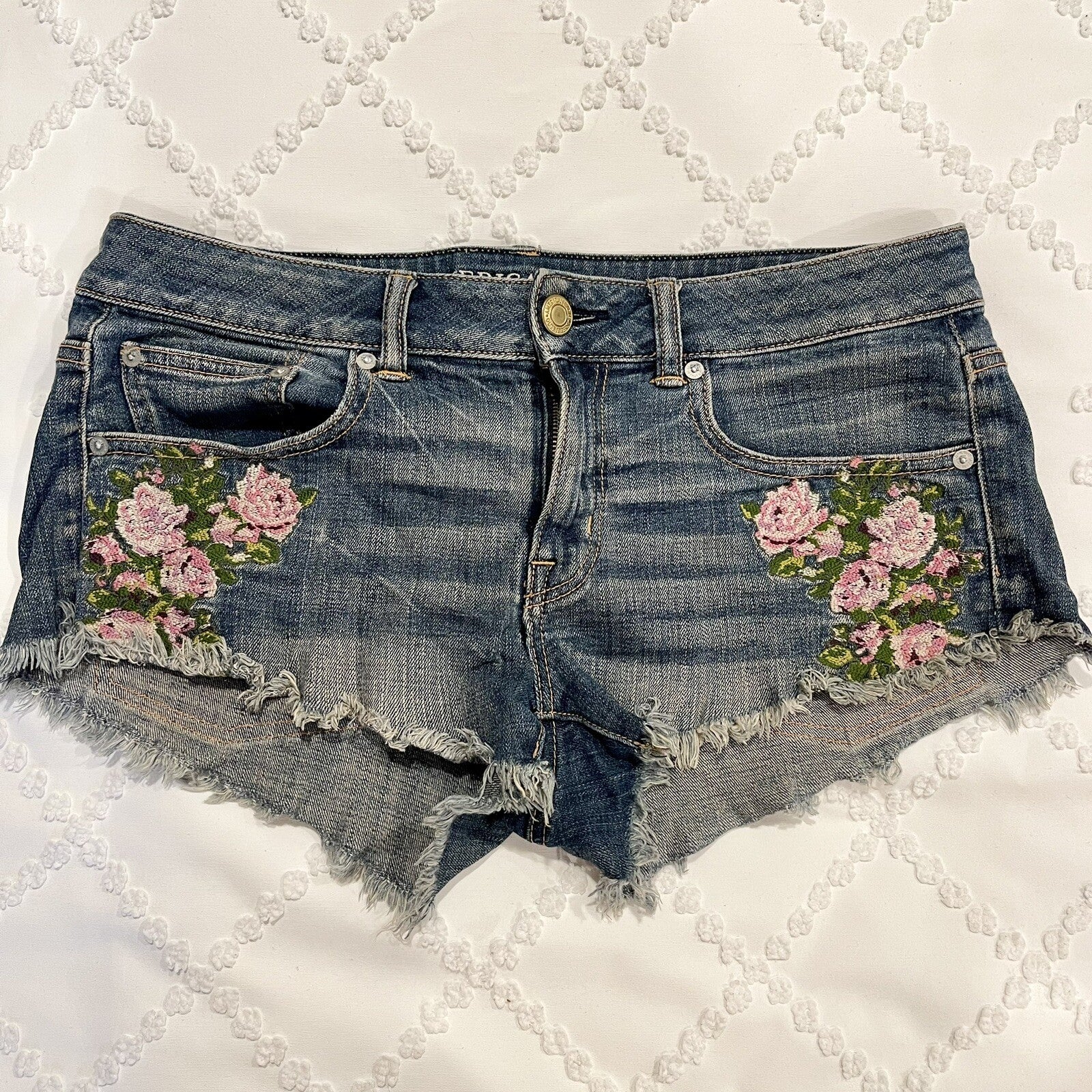 American Eagle Embroidered Floral Distressed Low Rise Denim Shorts - Size 6