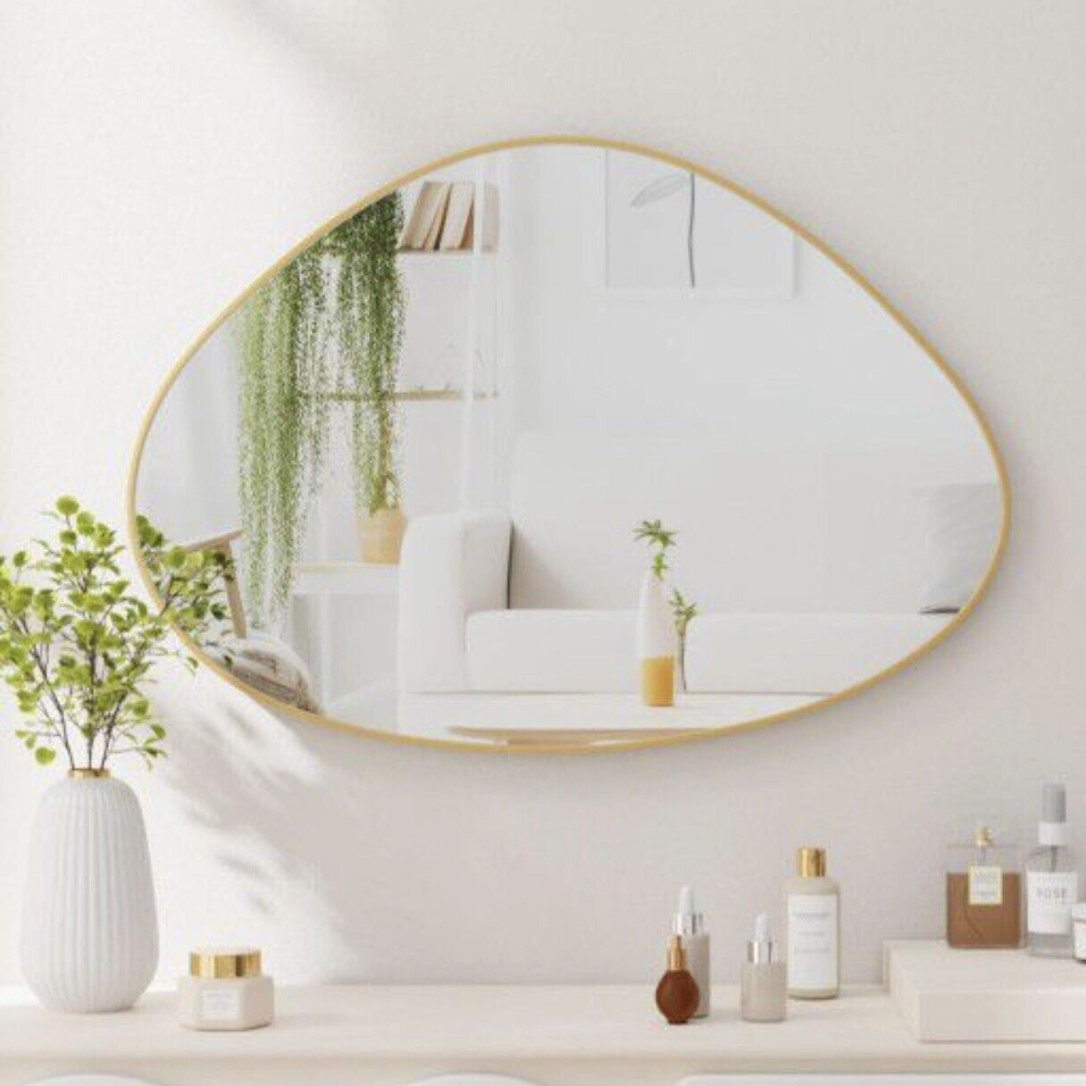 NEW West Elm XL Gold Asymmetrical Framed Mid-Century Modern Hanging Wall Mirror