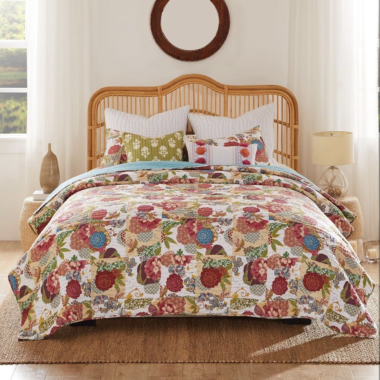 NEW Anthropologie Multicolor Floral Boho Queen Quilt Bedspread Bedding Sham Set