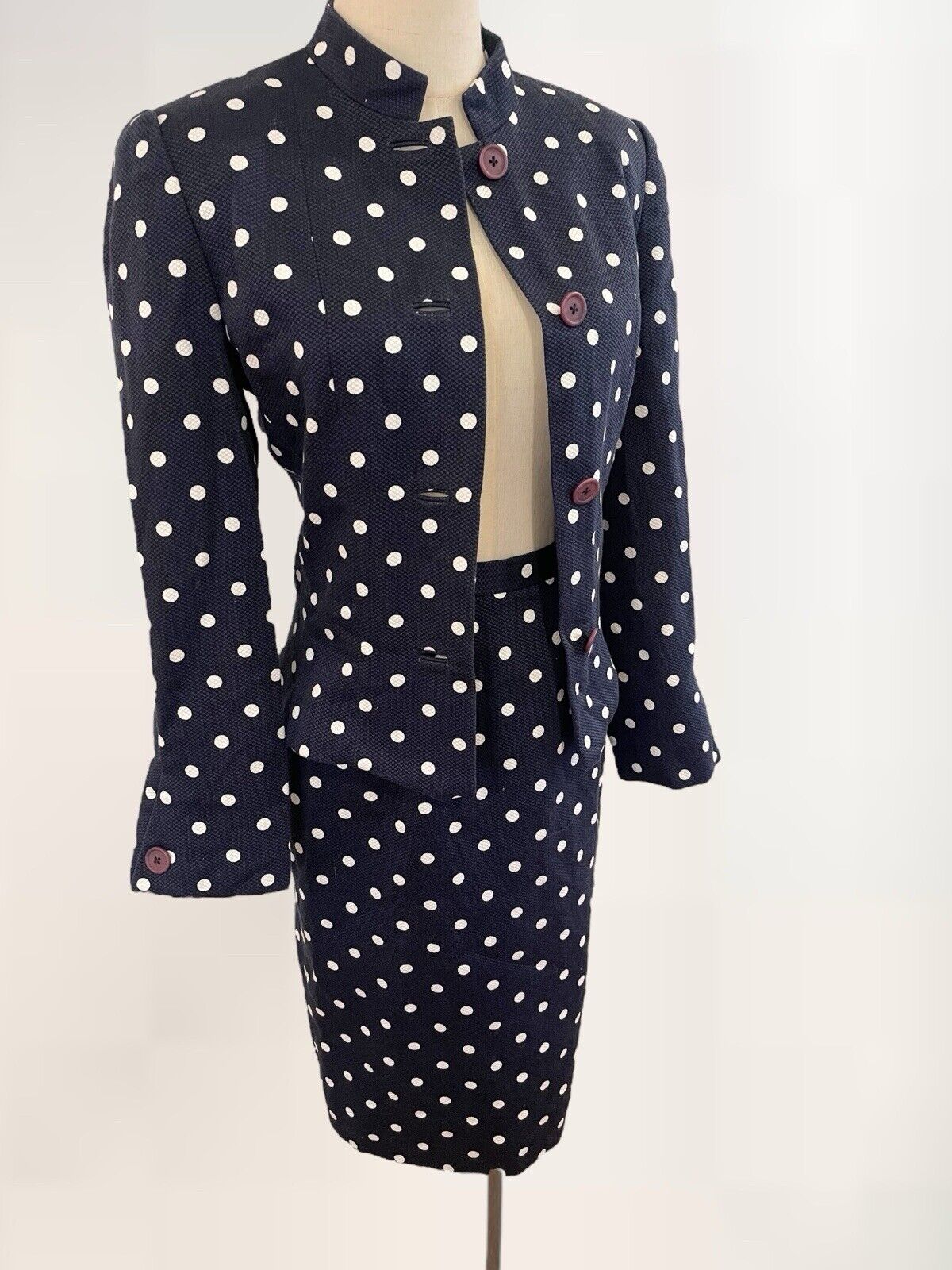 Vintage Carolina Herrera Navy Polka Dot Skirt Suit Blazer Jacket Set Size Small