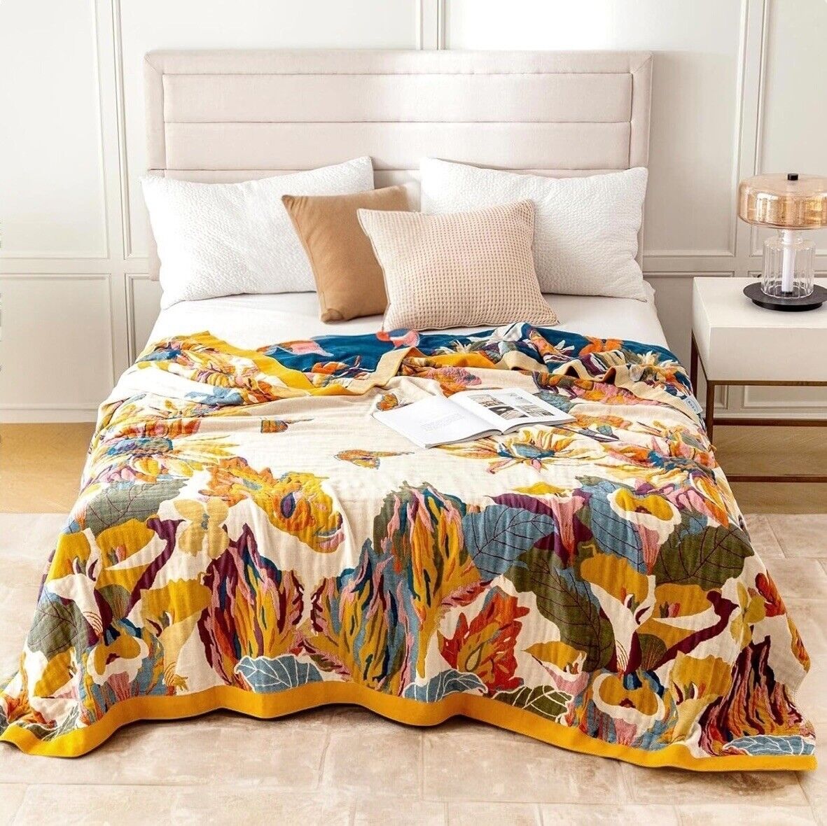 NEW Anthropologie Boho Knit Floral Throw Blanket Bedspread Bedding Quilt 60 x 80