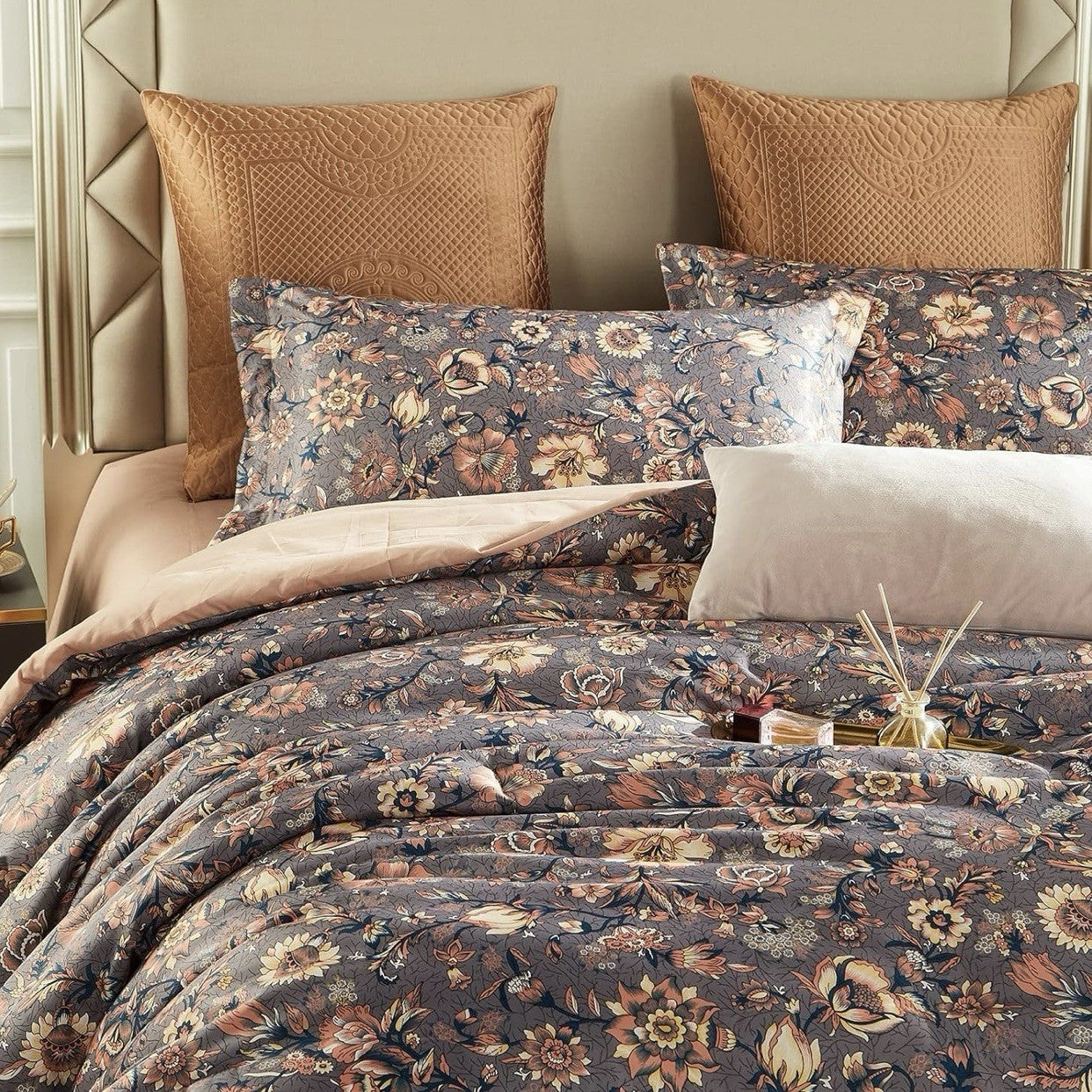 NEW Anthropologie Purple Silky Floral Boho Queen Size Comforter Bedding Sham Set