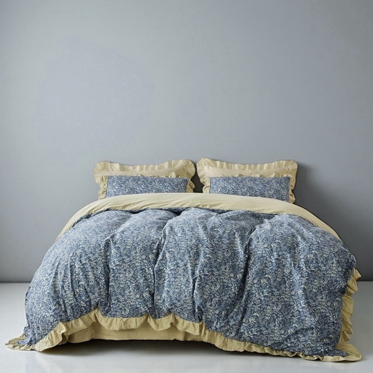 NEW Anthro Blue Yellow Floral Boho Ruffle Queen King Size Bedding Duvet Sham Set