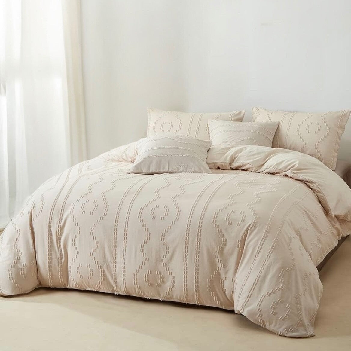 NEW Anthro Tassel Beige Boho King Tufted Fringe Bedding Duvet & Pillow Sham Set
