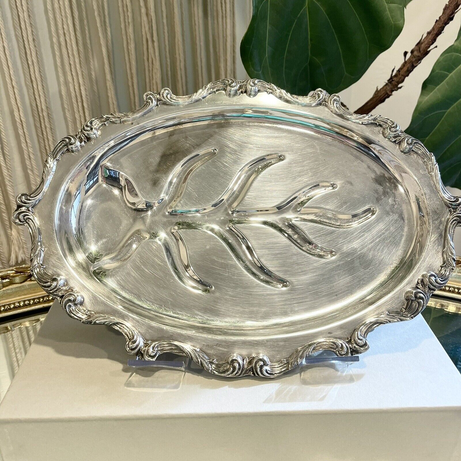 Vintage 1921 La Reine Pattern Silver Plate Footed Tray Platter by Wallace - 16"