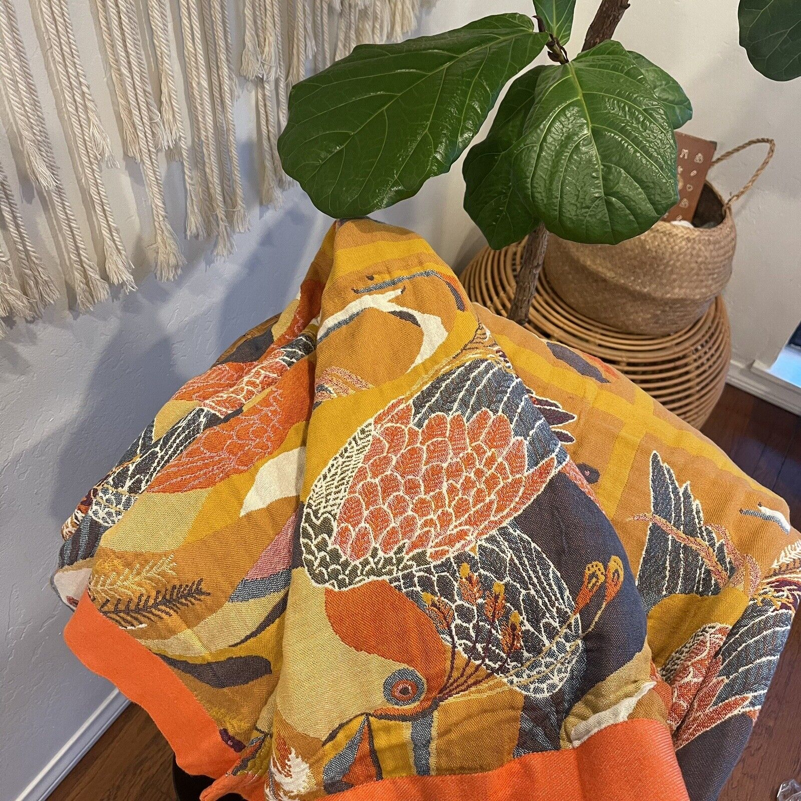 NEW XL Anthropologie Boho Bird Orange Throw Blanket Bedspread Quilt - 80" x 90"