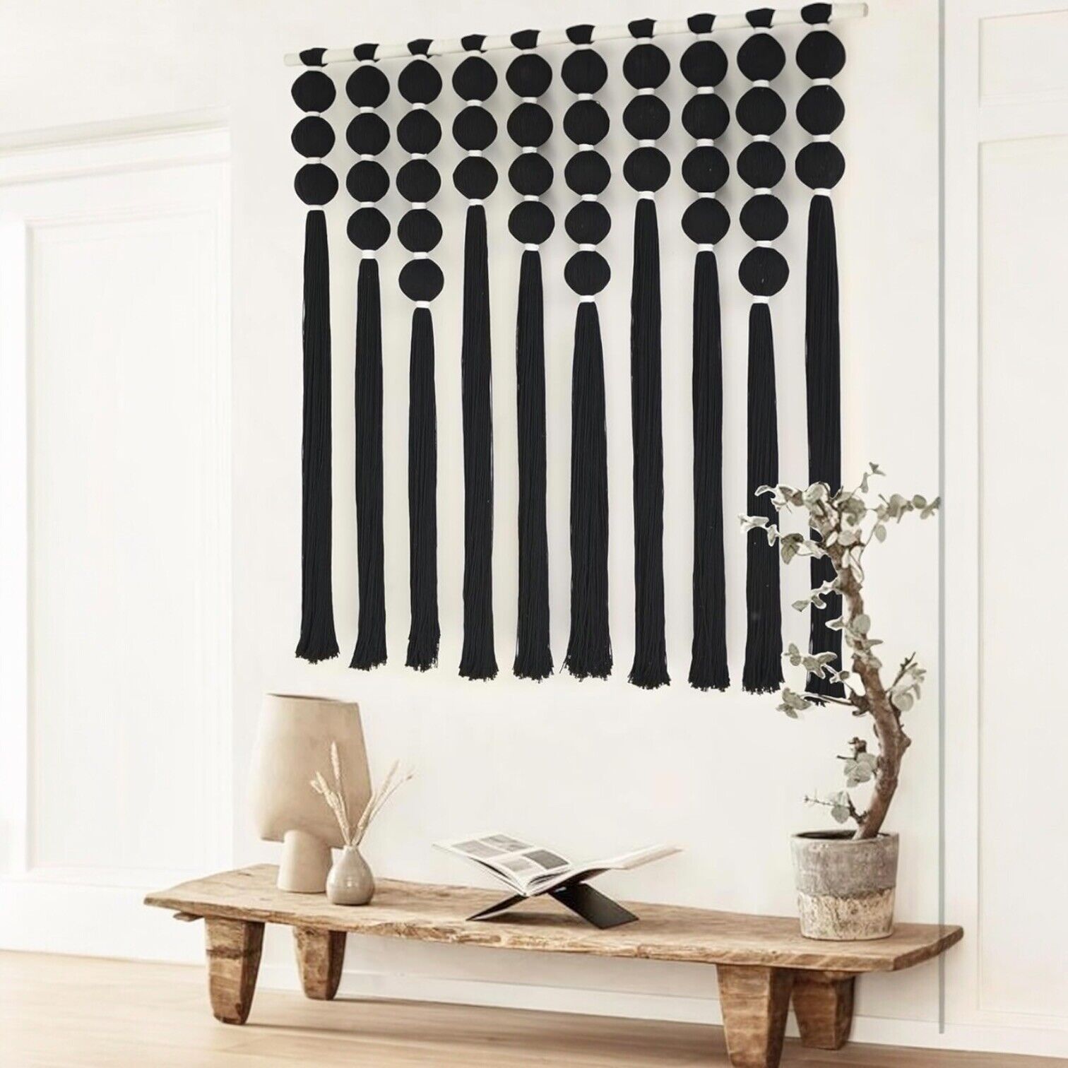 NEW Anthropologie XL Boho Black & White Tassel Tapestry Woven Wall Hanging - 40"