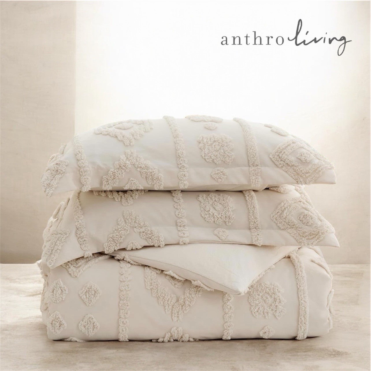 NEW Anthro Beige Cream Tufted Boho Queen / King Size Bedding Duvet & Sham Set