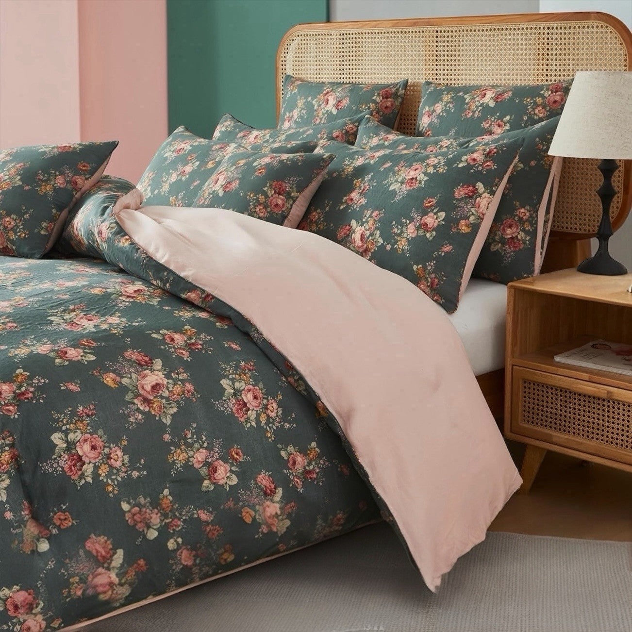NEW Anthro Green & Pink Floral Muslin Cotton Boho Queen / King Bedding Duvet Set