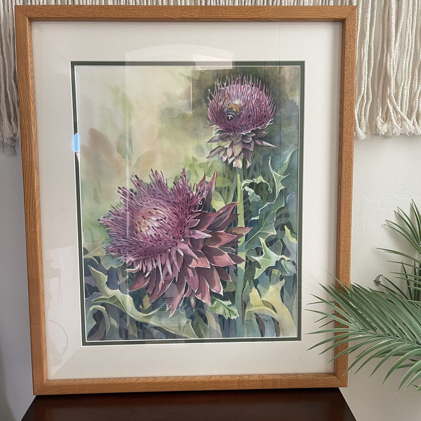 Original Susan Tait Signed Purple Floral Thistle Framed Watercolor Painting