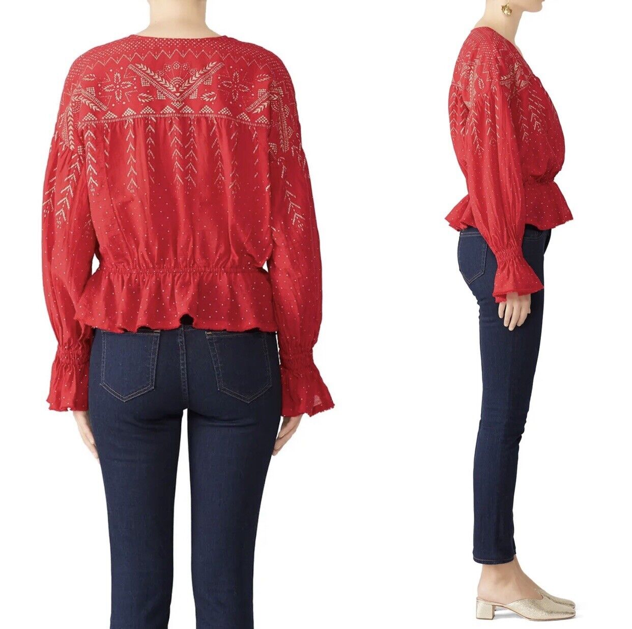 Free People Red Embroidered Print Boho Ruffle Blouse Shirt Top - Size Small