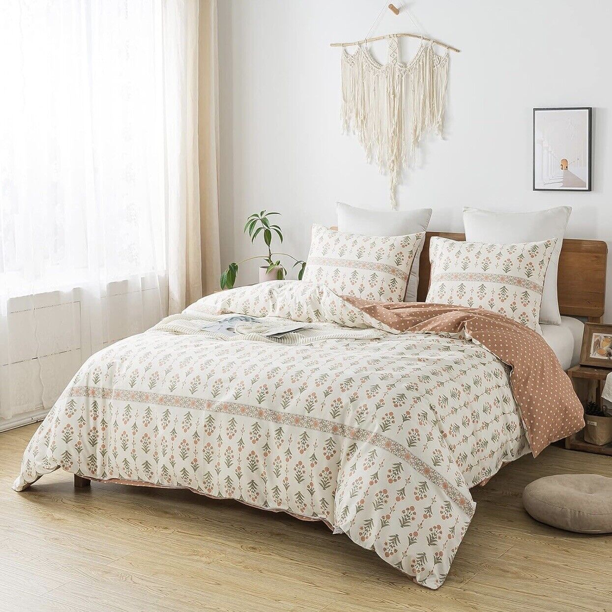 NEW Anthropologie Cream Boho Queen Size Floral Bedding Duvet Cotton Sham Set