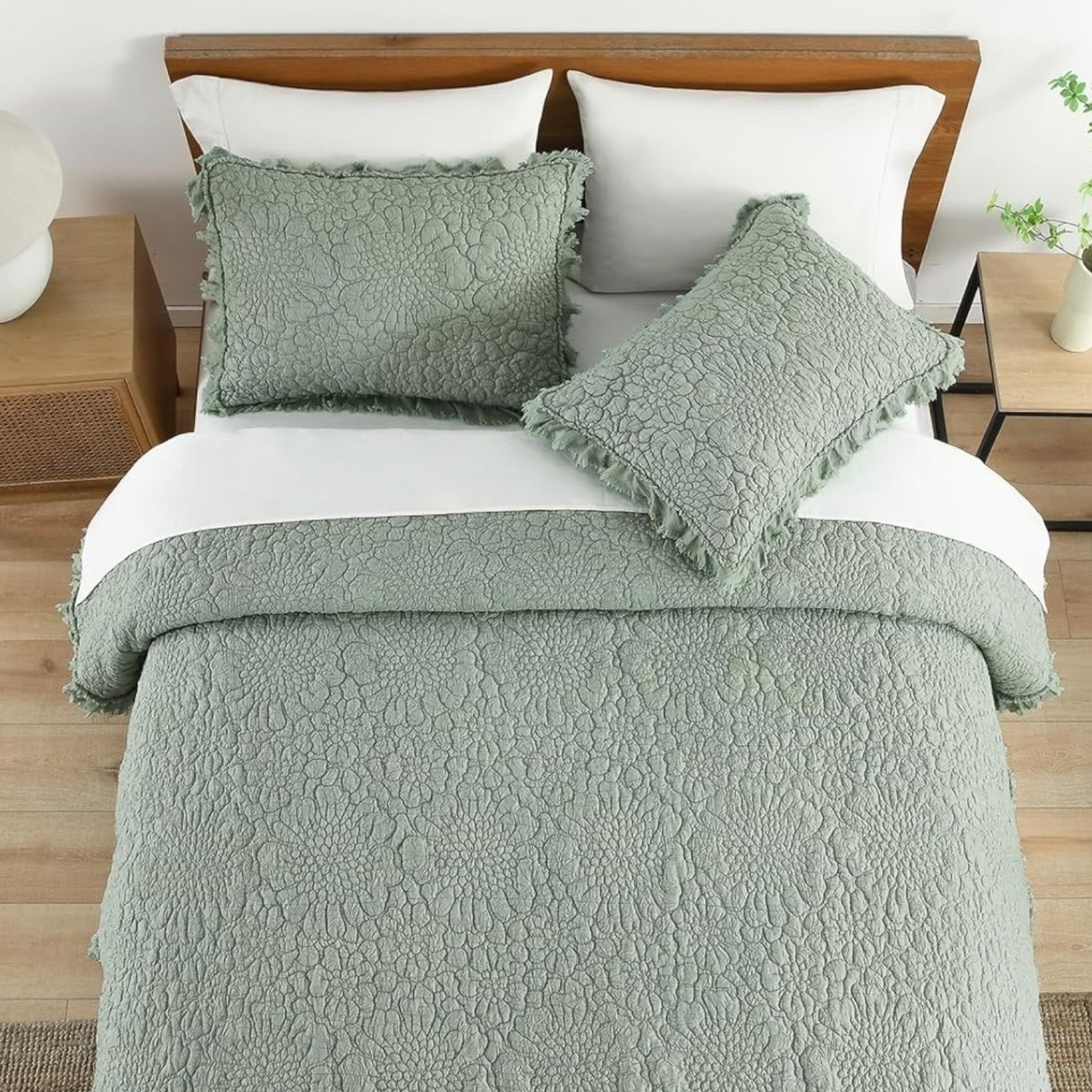 NEW Anthro Sage Green Boho Ruffle Crinkle Queen / King Bedding Quilt & Sham Set