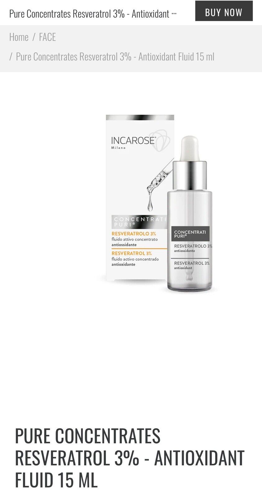 NEW Incarose PURE CONCENTRATES RESVERATROL 3% ANTIOXIDANT FLUID 15 ML - Italy