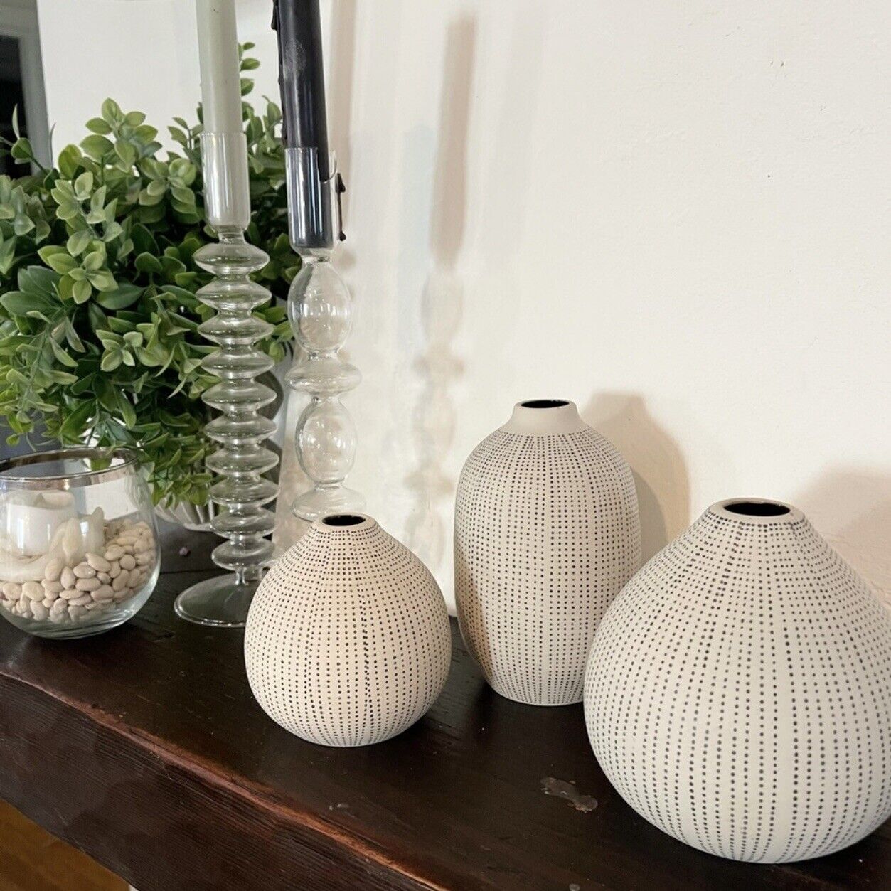 New West Elm White Ceramic Stoneware Textured Boho Vases Set of Three Home Decor