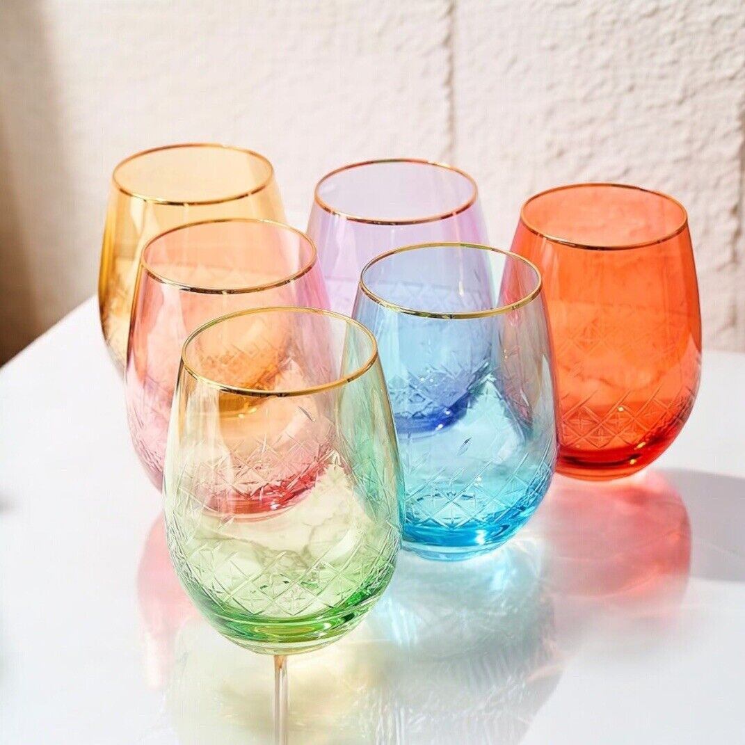 NEW Anthropologie Set / 6 Vintage Art Deco Etched Stemless Wine Glasses Barware