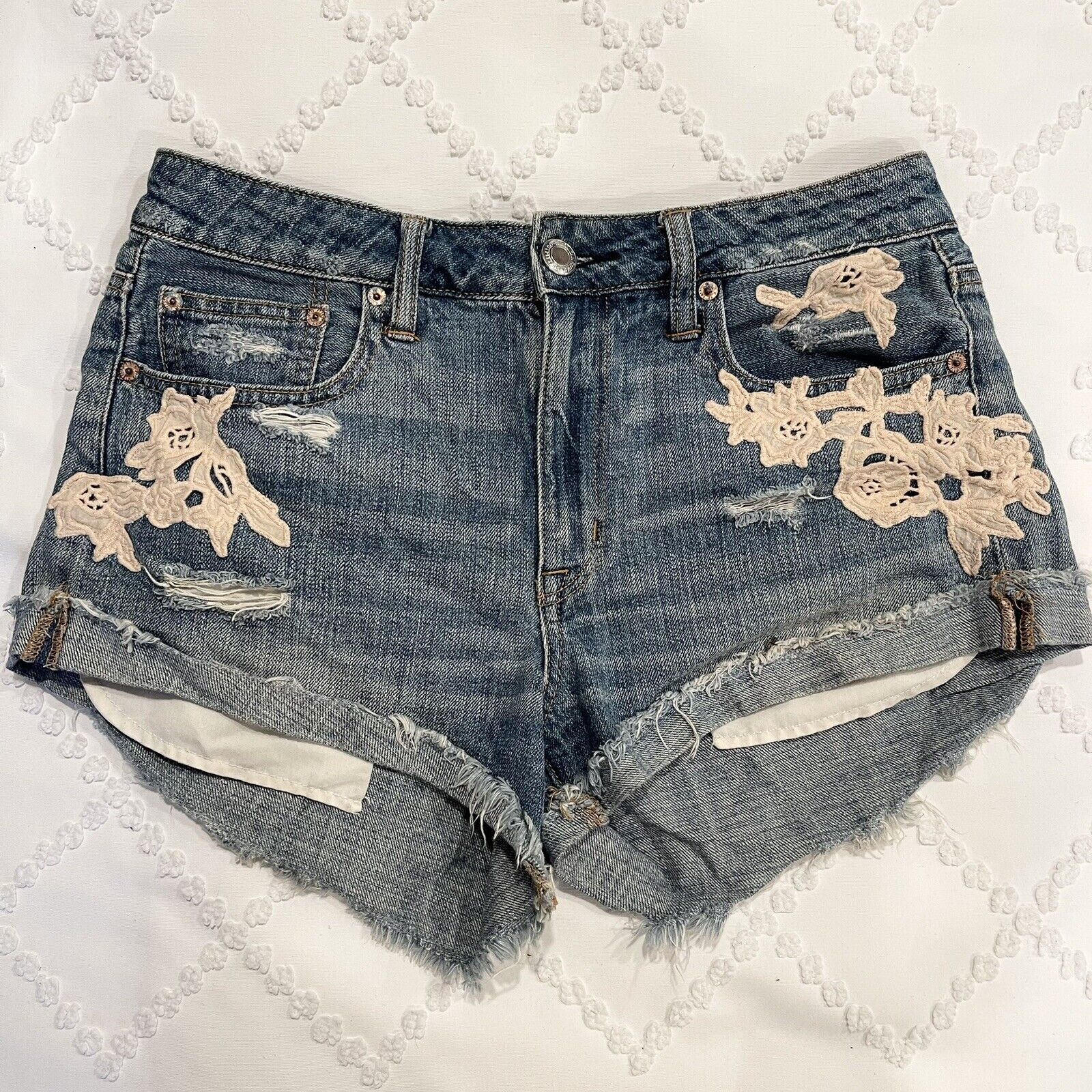 American Eagle Embroidered Floral Patch Distressed Low Rise Denim Shorts - 8