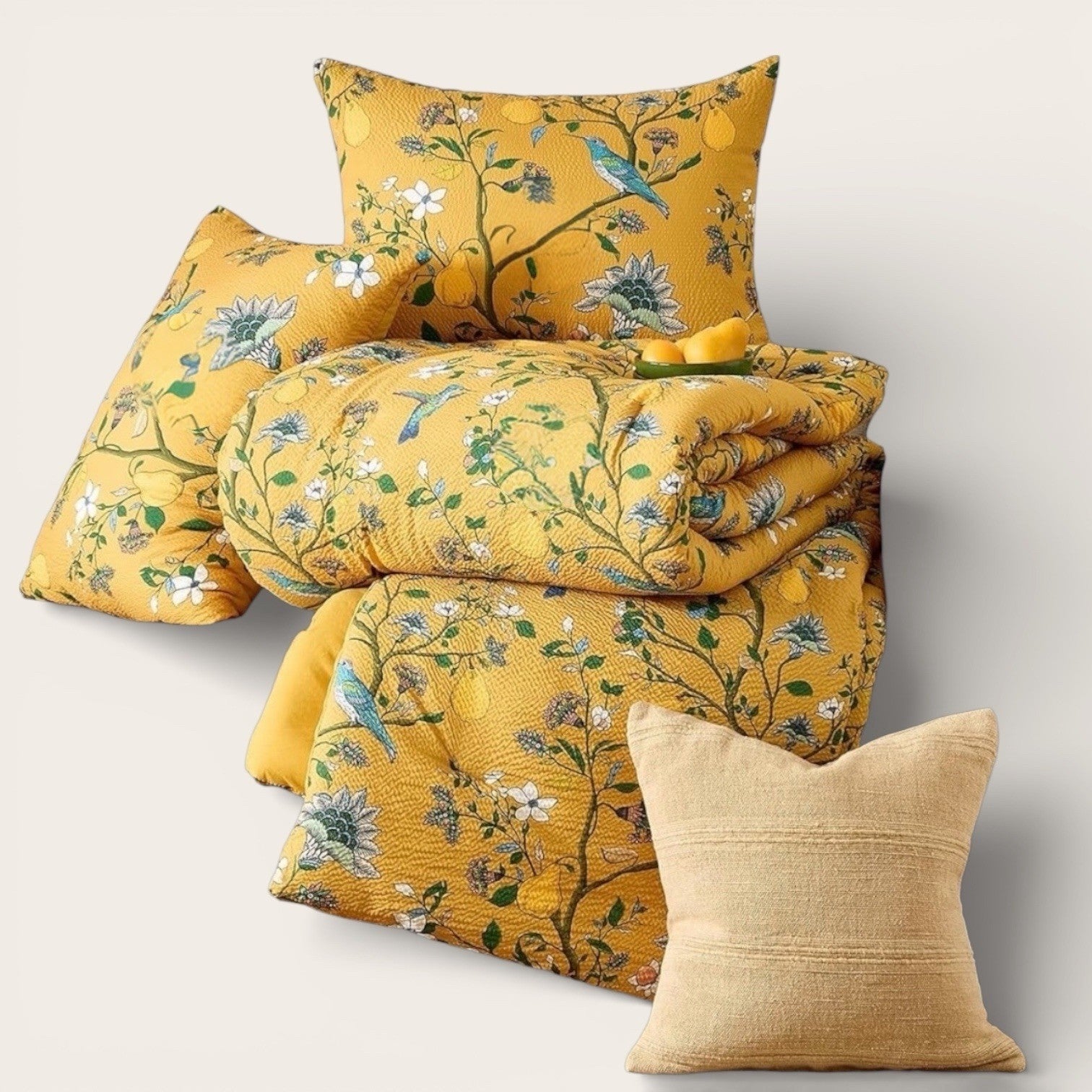 NEW Anthro Yellow Seersucker Floral Queen King Boho Comforter Bedding Sham Set