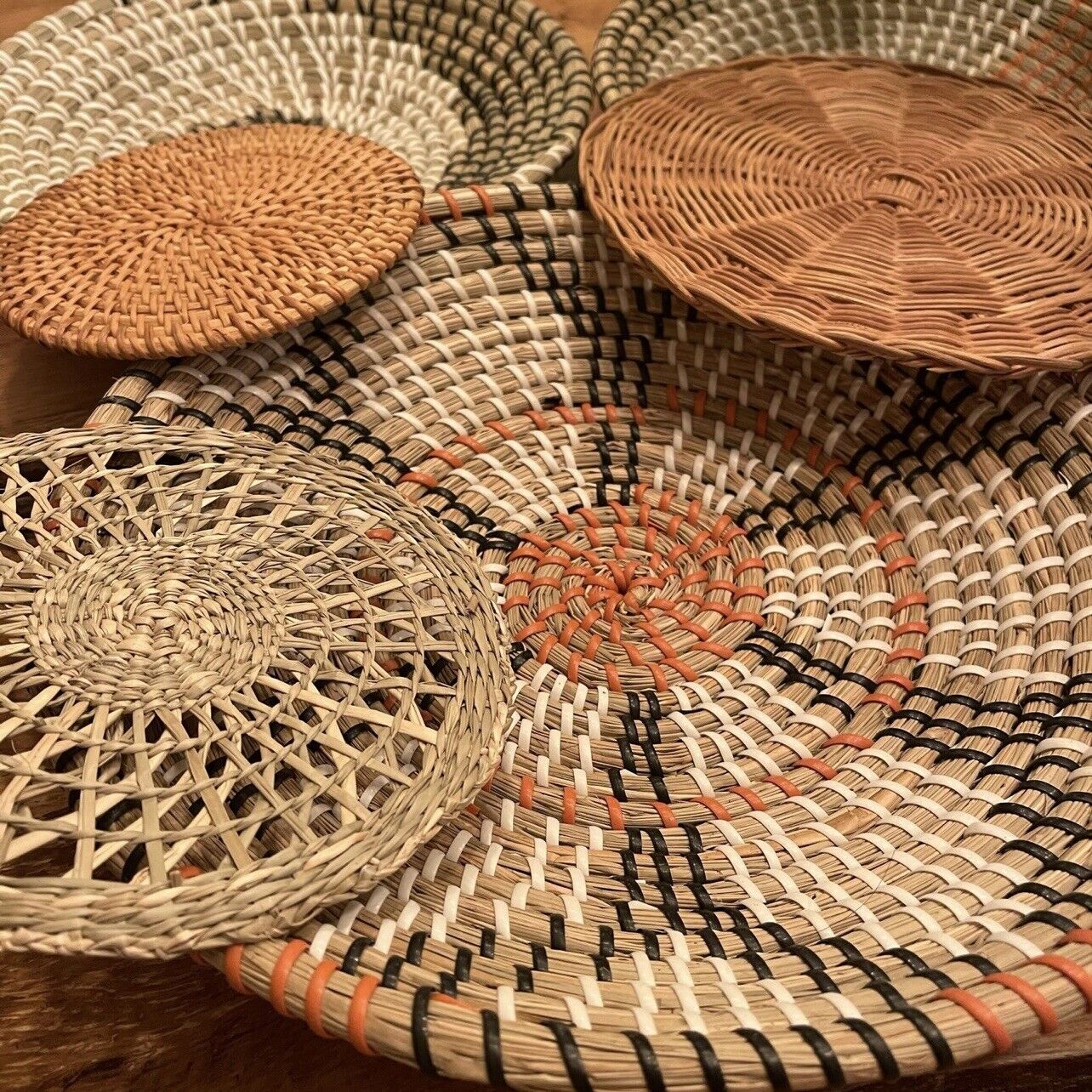 NEW West Elm XL Woven Wicker Rattan Seagrass Boho Wall Hanging Baskets - Set / 6