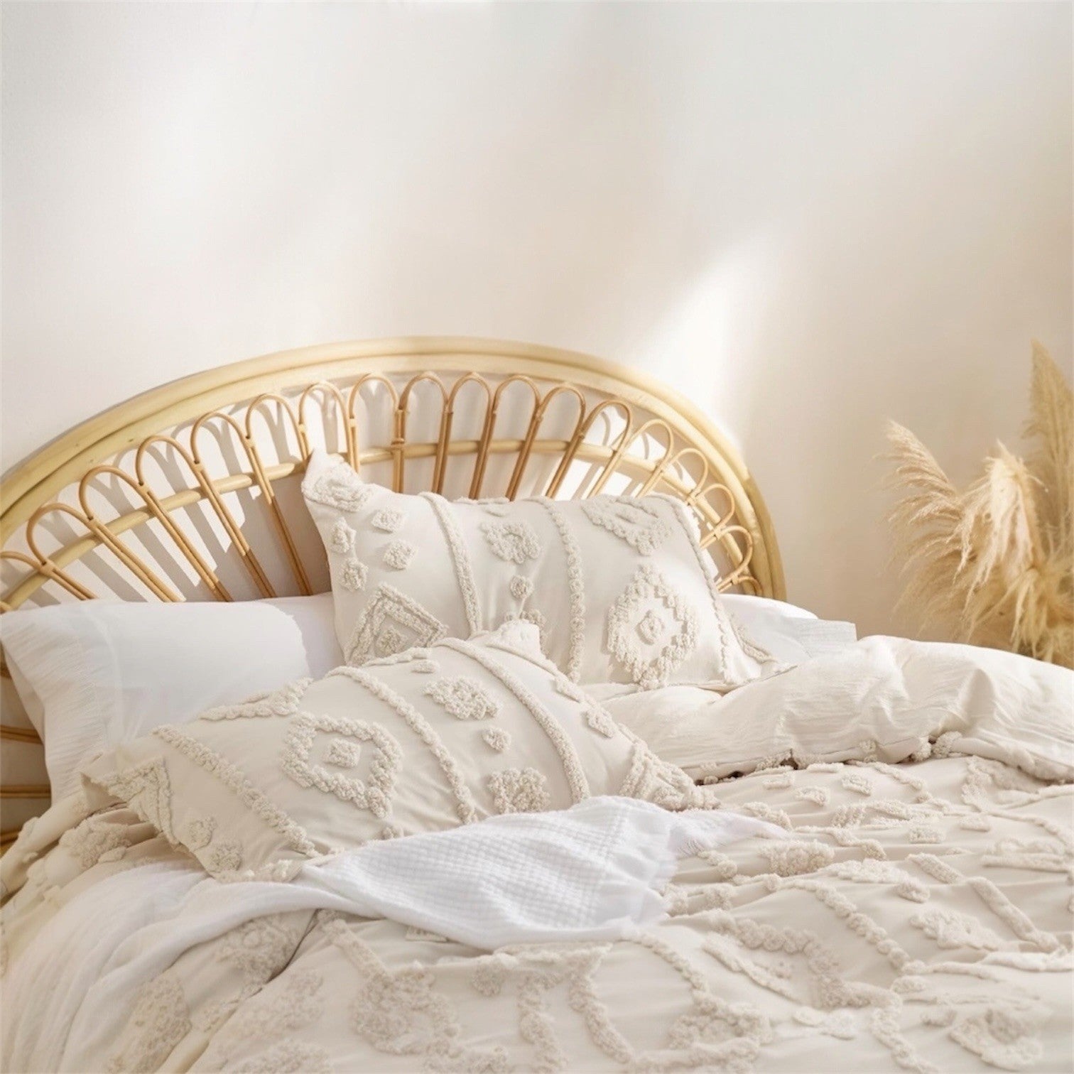 NEW Anthro Beige Cream Tufted Boho Queen / King Size Bedding Duvet & Sham Set