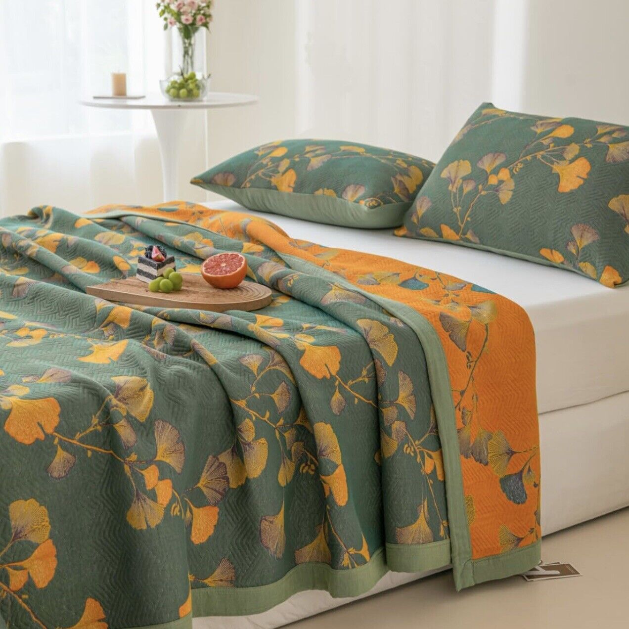 NEW Anthropologie Teal Orange Reversible Queen / King Bedspread Blanket Sham Set