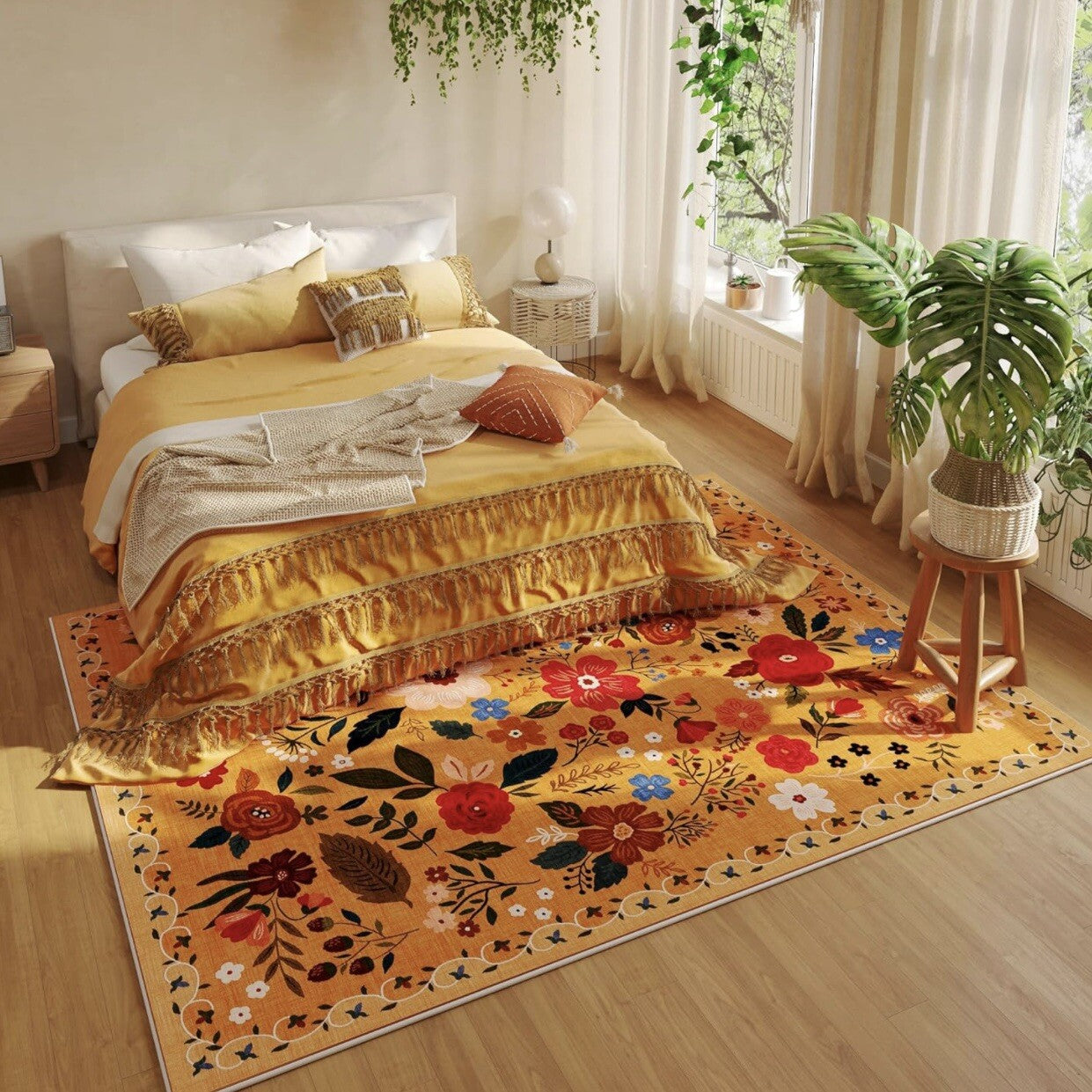 NEW Anthropologie Orange Floral Boho Vintage Multicolor  Area Rug Carpet 5' x 7'