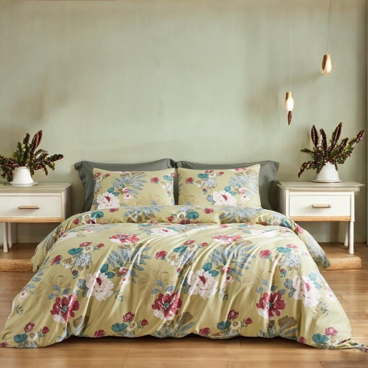 NEW Yellow Red Floral 100% Egyptian Cotton Boho Queen Bedding Duvet & Sham Set