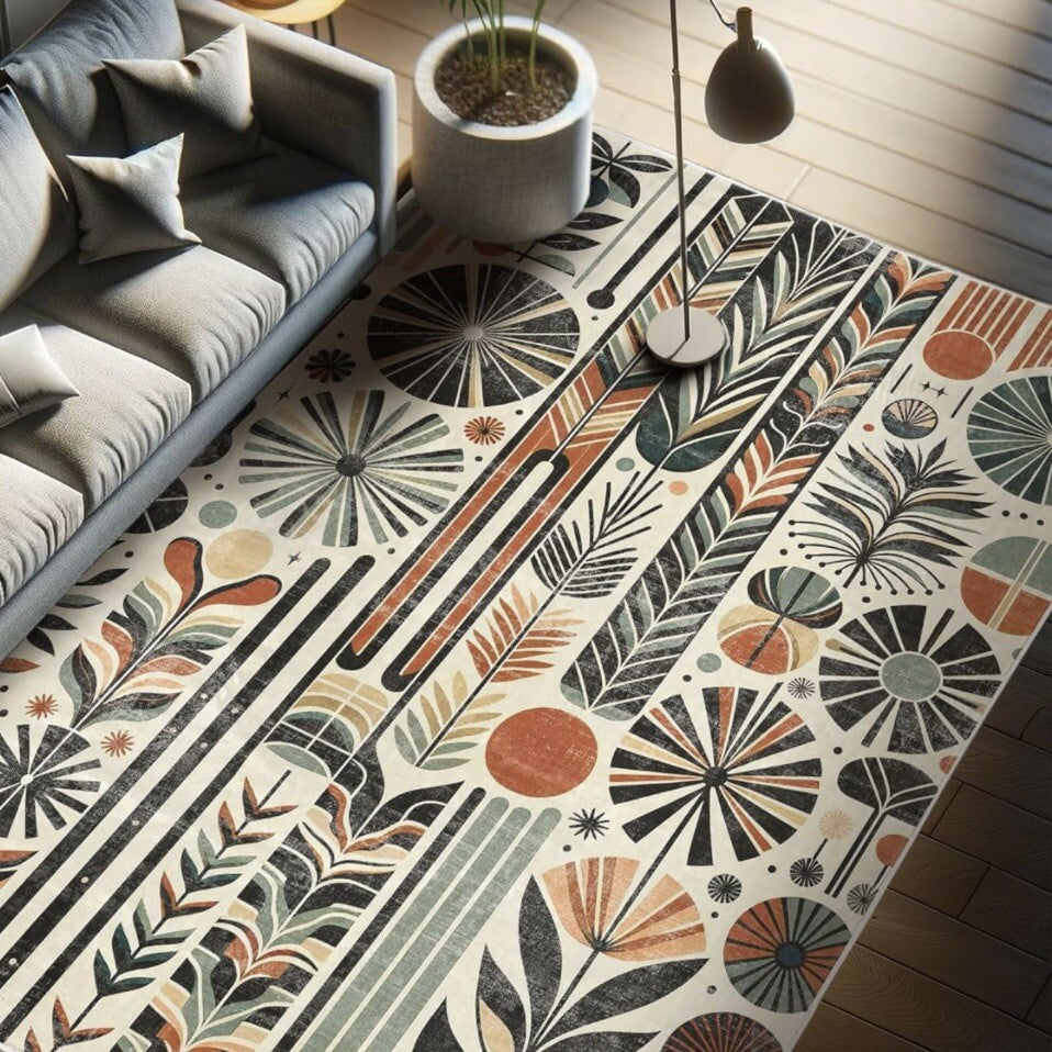 NEW Anthropologie Cream Boho Retro Floral Geometric Area Rug Carpet 5'7" x 4'