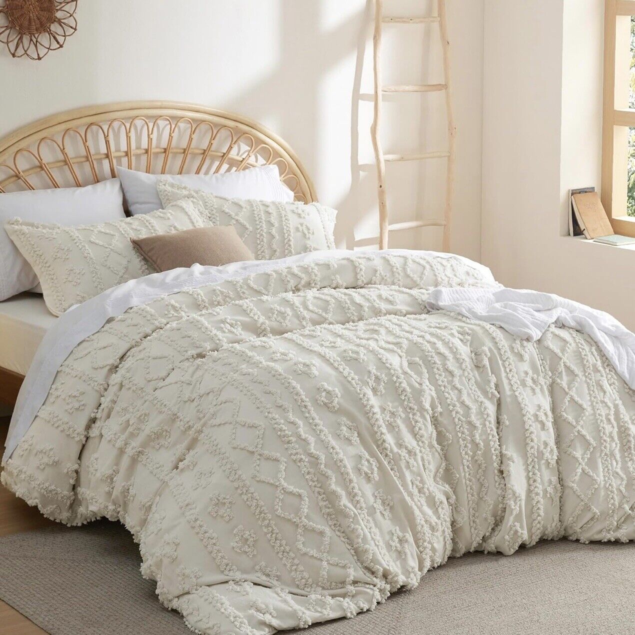 NEW Anthropologie Beige Boho King Size Tufted Fringe Bedding Duvet & Sham Set