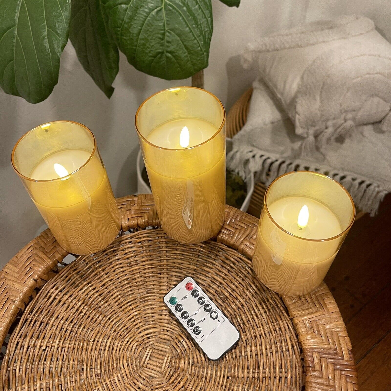 NEW West Elm Gold Iridescent Glass Wax Battery Remote Flameless Candles Set of 3