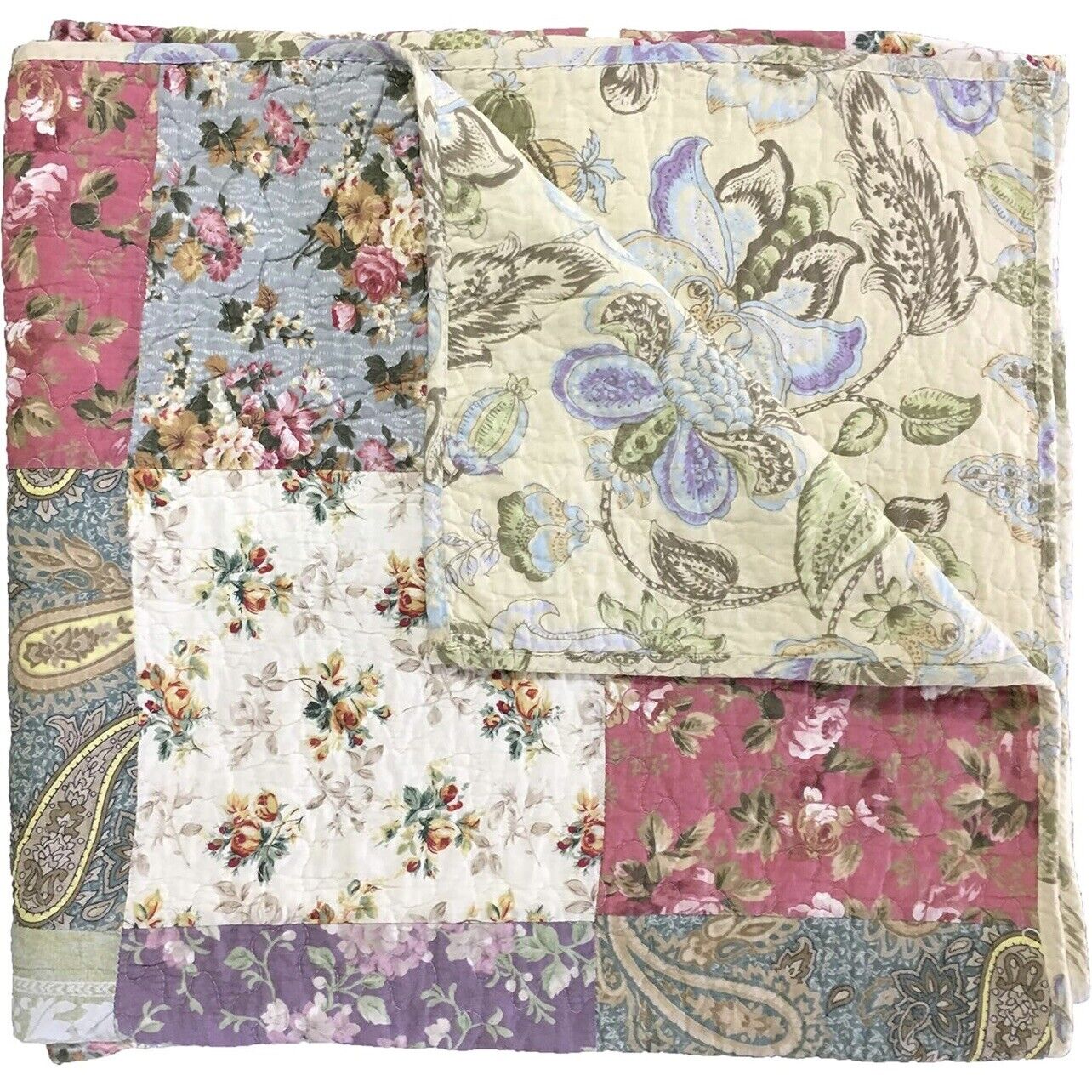 NEW Anthropologie Boho Multicolor Floral Throw Blanket Patchwork Quilt 50" x 60"