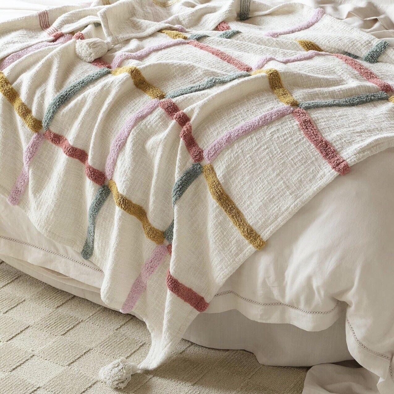 NEW Anthropologie Boho Stripe Tassel Throw Blanket Bedspread Quilt - 50" x 60"