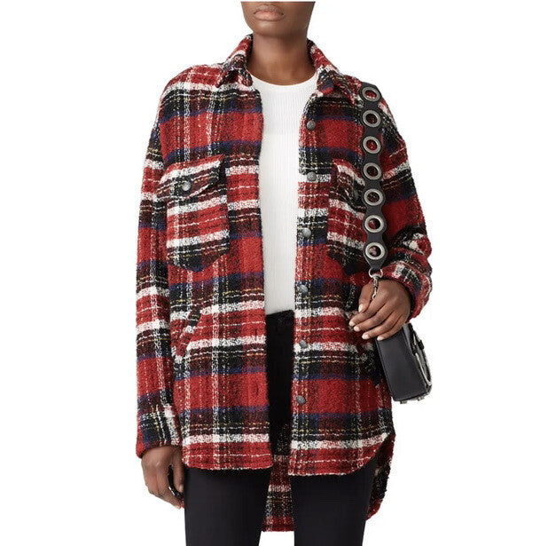 Anthro / The Kooples Red Tweed Plaid Shirt Coat Trucker Jacket Sweater Large