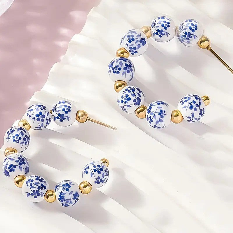 NEW Anthropologie Blue Ceramic & Gold Plated Boho Beaded Hoop Earrings Jewelry