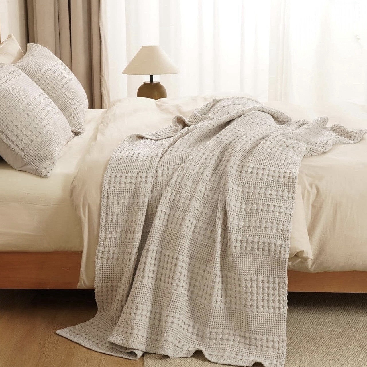 NEW West Elm Beige Woven Waffle Knit Cotton Boho Cozy Throw Blanket - 50" x 60"