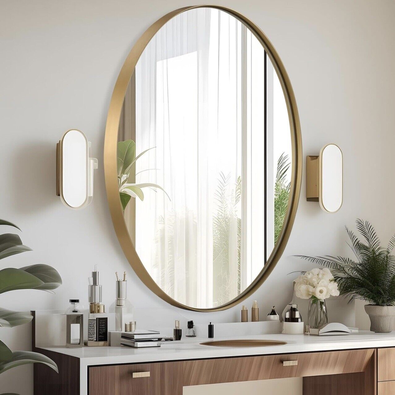 NEW West Elm XL Large Gold Framed Oval Vanity Wall Hanging Mirror - 22" x 30"