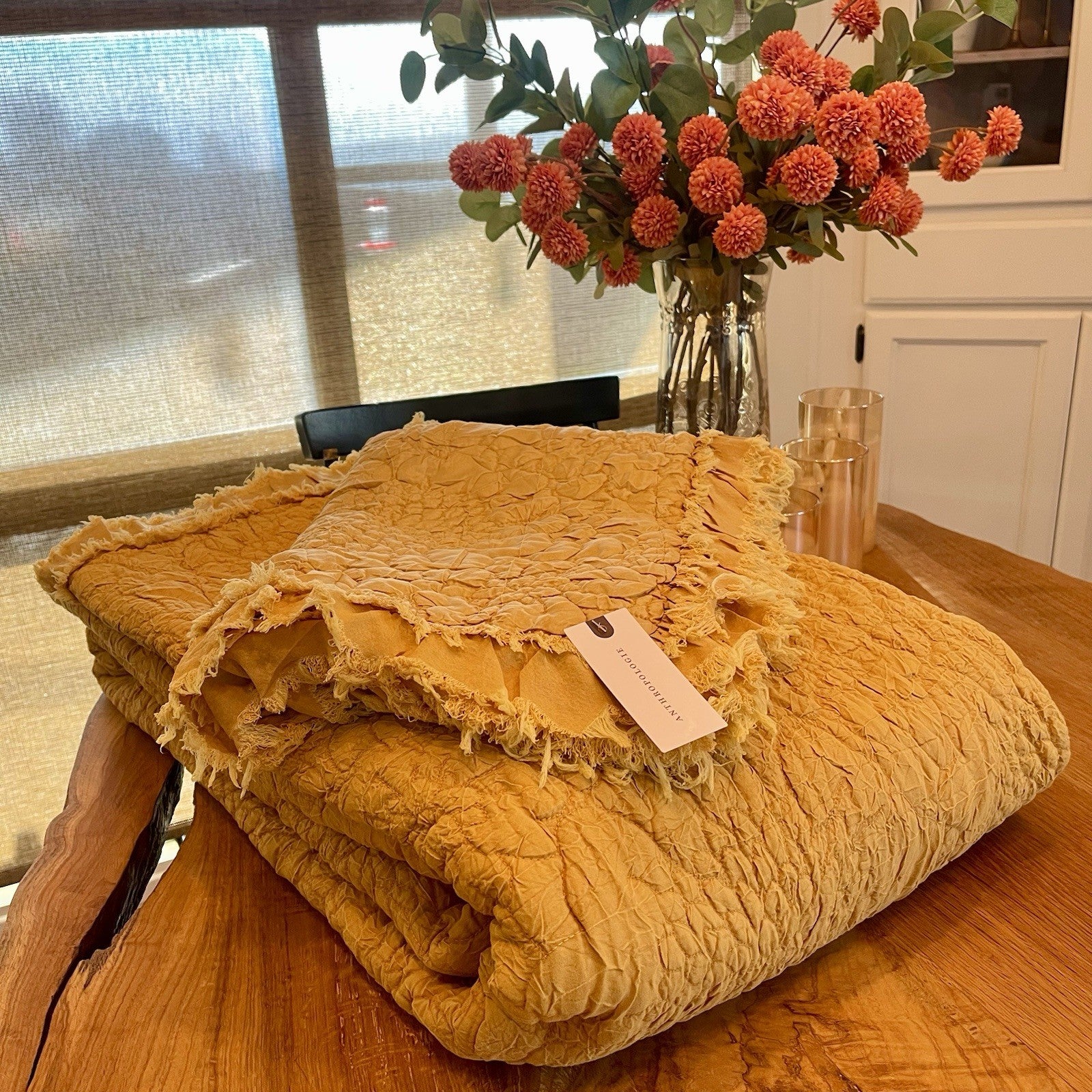 NEW Anthro Orange Yellow Ruffle Crinkled Queen / King Bedding Quilt & Sham Case