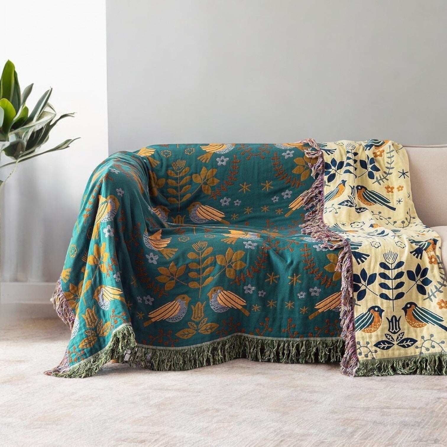 NEW XL Teal Reversible Boho Bird Tassel Throw Blanket Bedspread Quilt 80 x 60