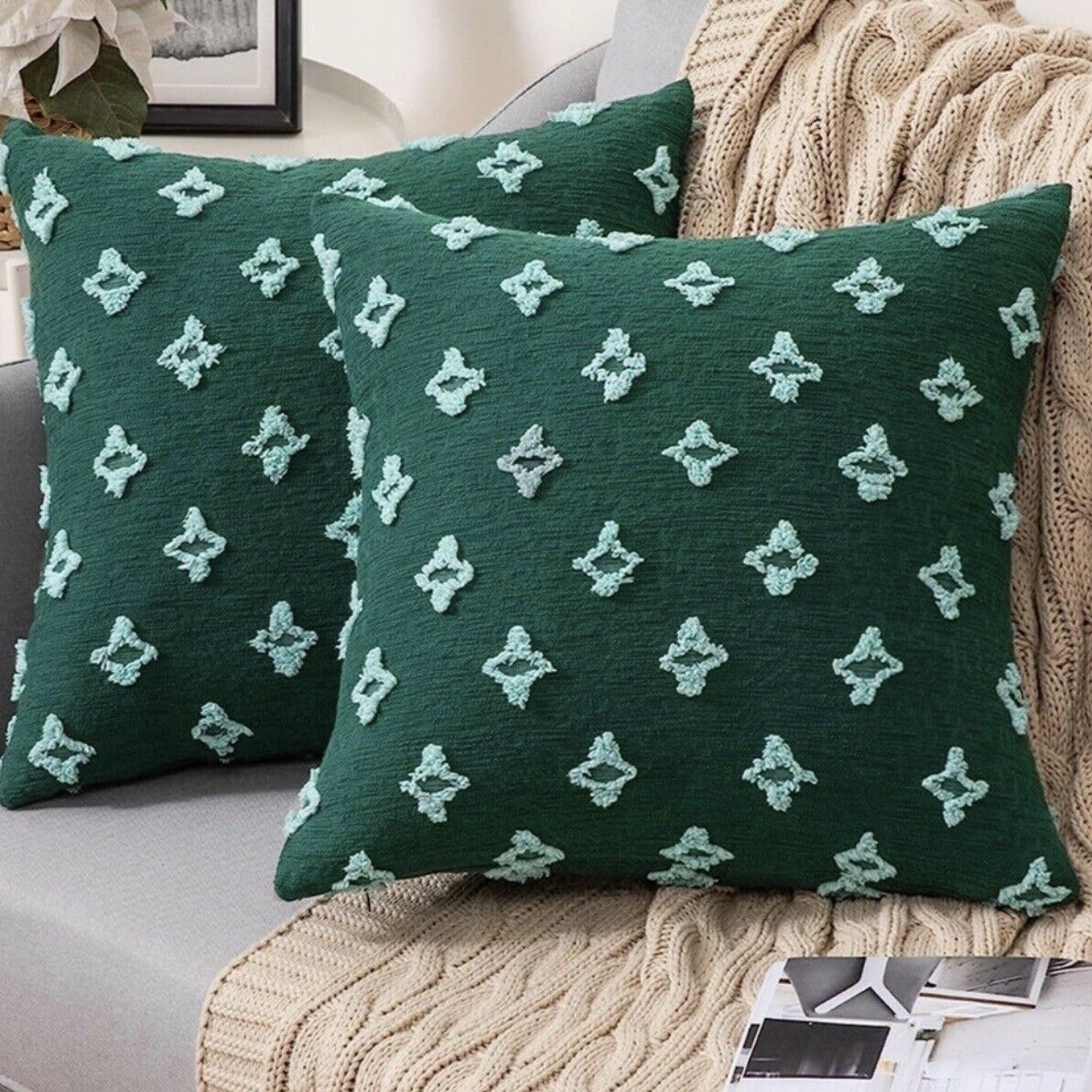 New West Elm Set 2 Green Boho Pom Pom Tassel Throw Pillow Case Cover Sham 18x18