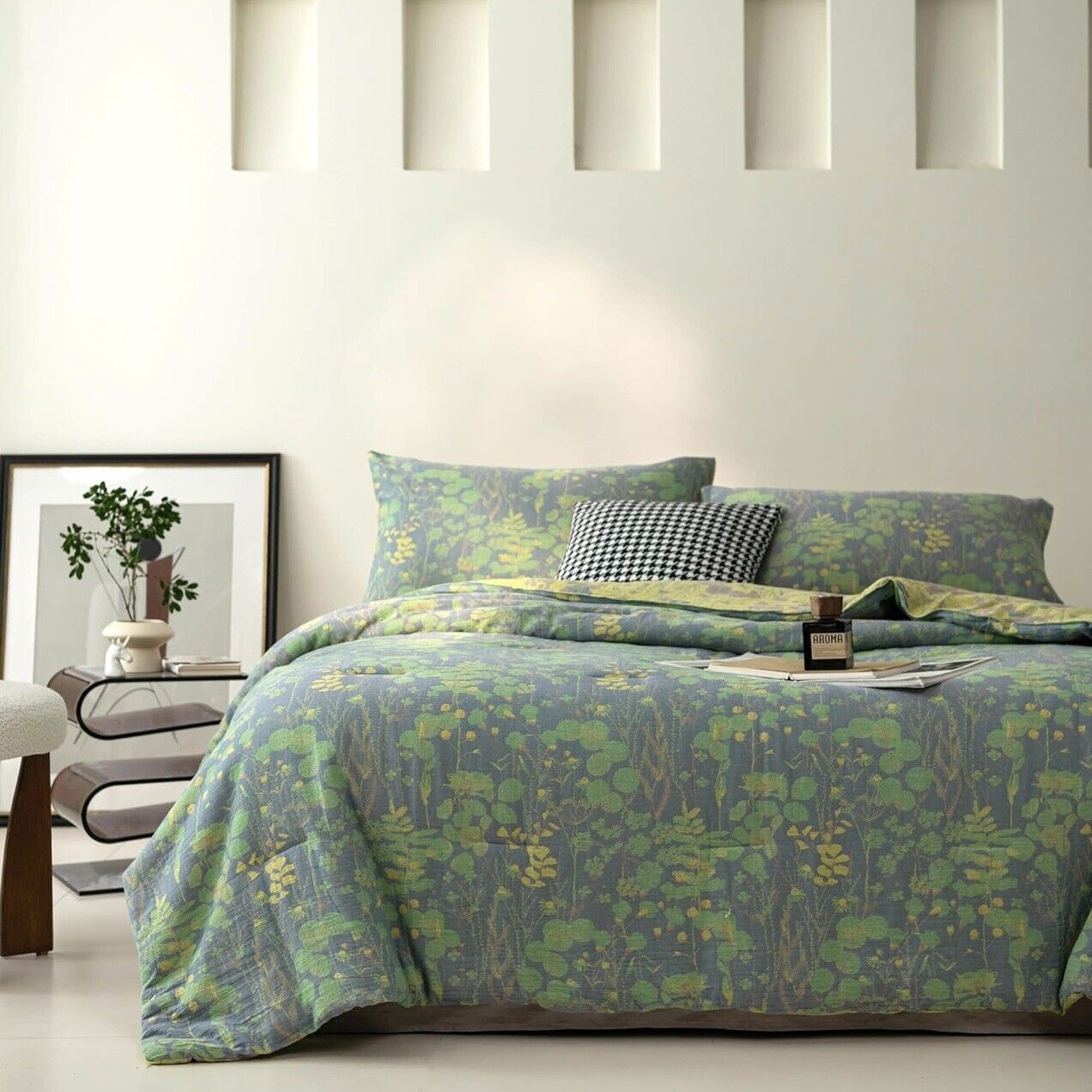 NEW Anthropologie Blue Green Floral Reversible King Bedspread Blanket Sham Set