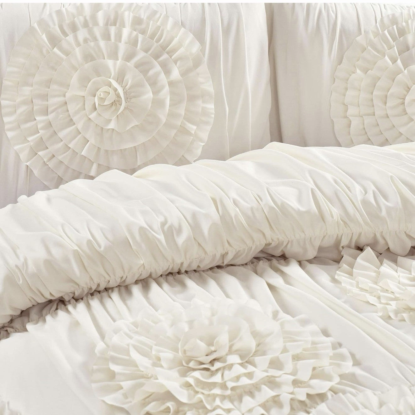 NEW Anthro Ivory Beige 3D Floral Queen / King Boho Comforter Bedding & Sham Set