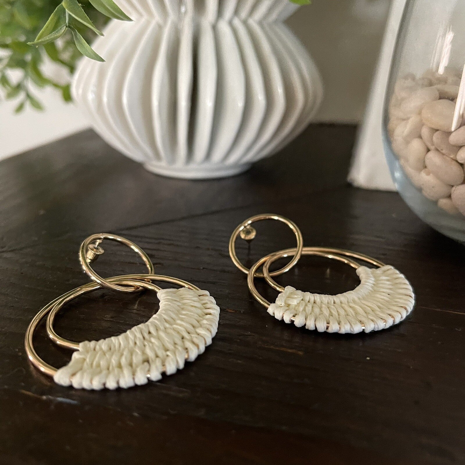 NEW Anthroplogie Boho Gold & Raffia Lightweight Hoop Earrings Jewelry Accessory